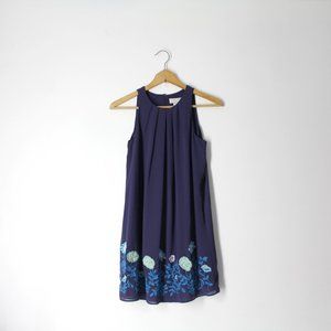 LOFT dress petite 00 00P Blue Embroidered Floral Hem Sleeveless Shift A-line